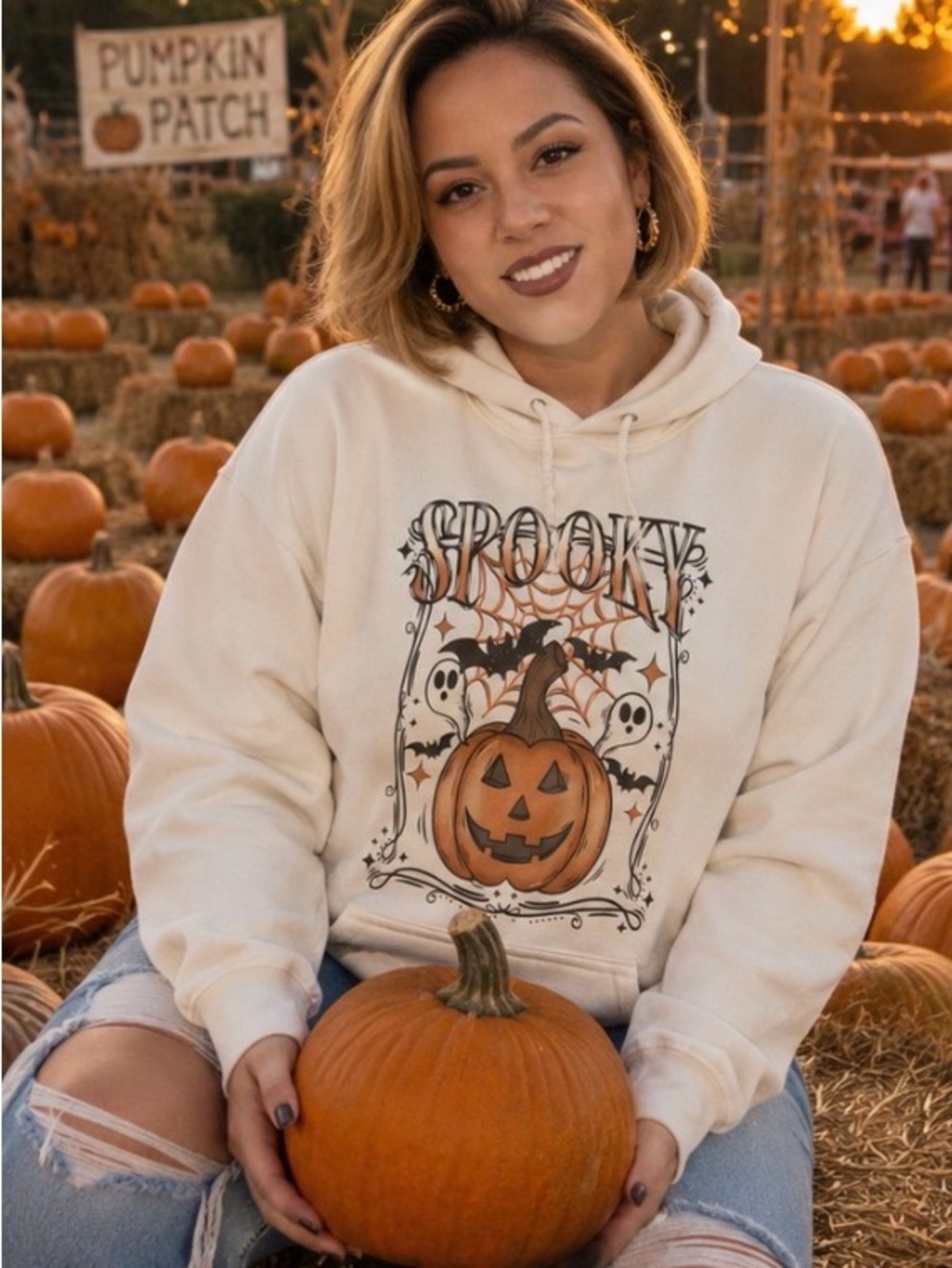 Gildan Cream 'Spooky' Halloween Pumpkin Graphic Hoodie